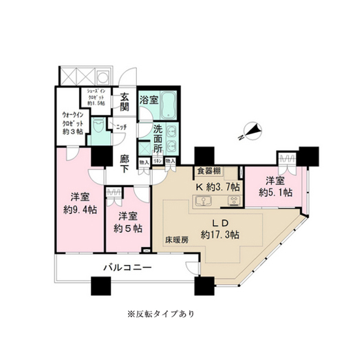 ザ・パークハウス西新宿タワー60(3LDK：96.08㎡)の間取り画像