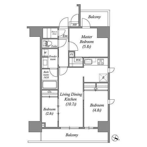 ACPレジデンス浅草(3LDK+WIC+SIC[D1タイプ]：55.80㎡)の間取り画像