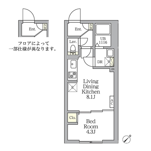 アグライア新宿横寺町(1LDK[A-type]：30.10㎡)の間取り画像
