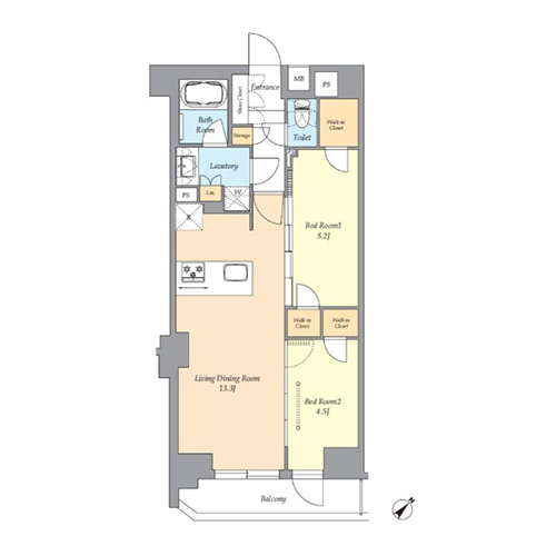 AIFLAT渋谷西原(2LDK[E1タイプ]：54.00㎡)の間取り画像
