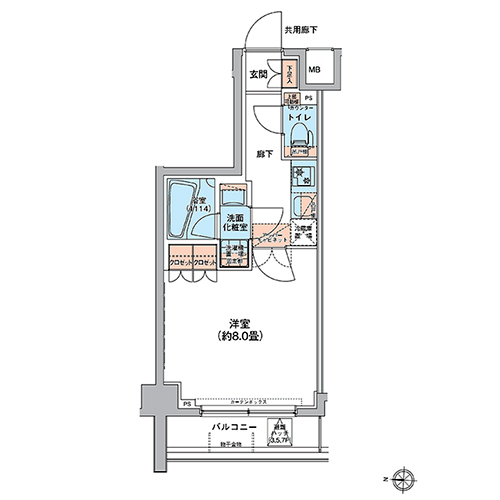 オルタナ菊川Ⅰ(1K：25.44㎡[Fタイプ])の間取り画像