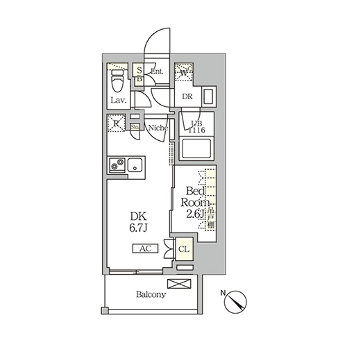 アークマーク大塚(1DK[B'-type]：25.16㎡)の間取り画像