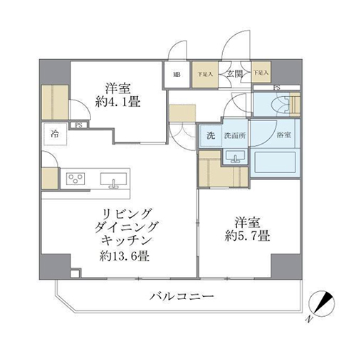 アジールコート町屋(2LDK[E'タイプ]：52.92㎡)の間取り画像