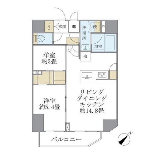 アジールコート町屋(2LDK[Dタイプ]：52.96㎡)の間取り画像