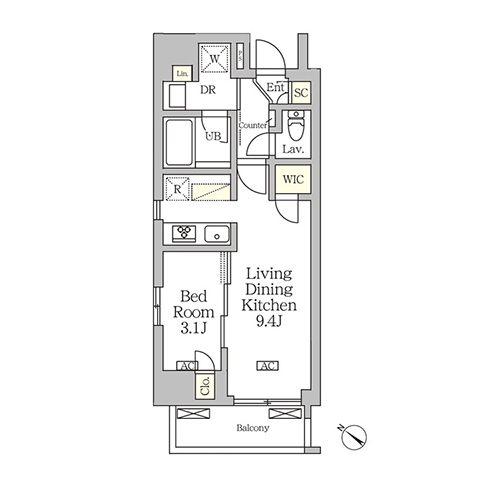 アジールコート松濤(1LDK[Bタイプ]：33.74㎡)の間取り画像