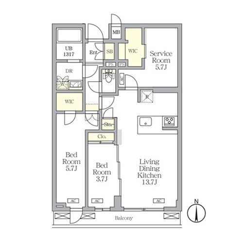 アジールコート都立大学(2LDK[Iタイプ]：65.90㎡)の間取り画像