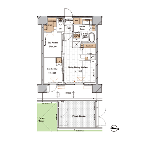 ブランシエスタ木場(2LDK[E1tタイプ]：48.75㎡)の間取り画像