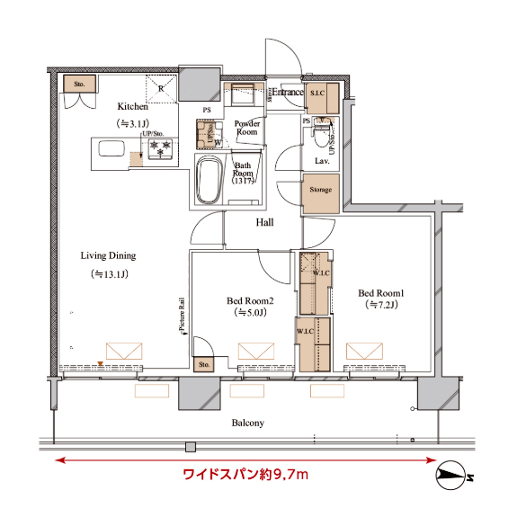 ブランシエスタ木場(2LDK[GPタイプ]：66.84㎡)の間取り画像