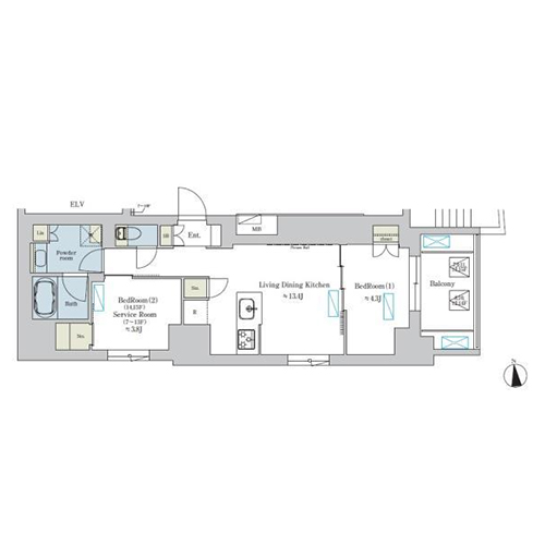 ブリリアイスト浅草(1SLDK[E2-type]：50.60㎡)の間取り画像