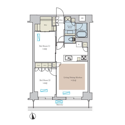 ブリリアイスト池尻大橋(2LDK[U1-type]：62.83㎡)の間取り画像