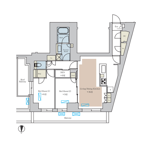 ブリリアイスト池尻大橋(2LDK[Y-type]：43.50㎡)の間取り画像