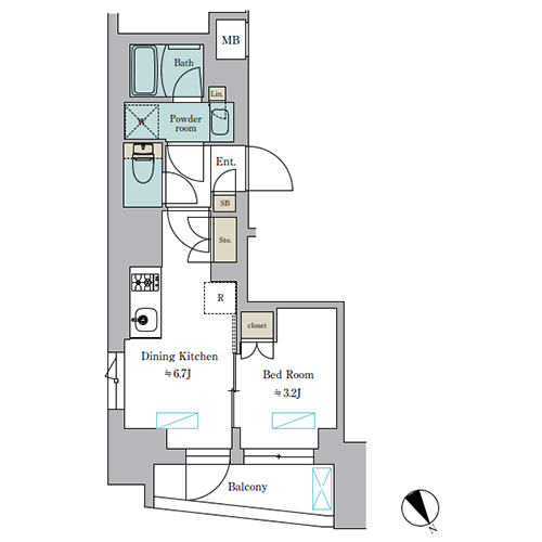 ブリリアイスト門前仲町(1DK[E-type]：25.40㎡)の間取り画像