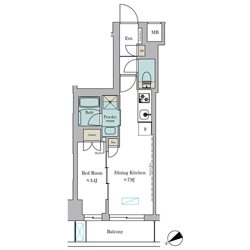 ブリリアイスト門前仲町(1DK[B-type]：28.36㎡)の間取り画像