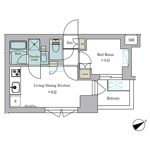 ブリリアイスト門前仲町(1LDK[F-type]：28.47㎡)の間取り画像