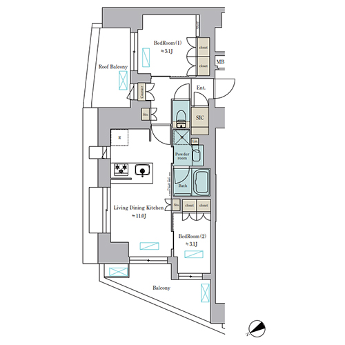 ブリリアイスト門前仲町(2LDK[M-type]：47.47㎡)の間取り画像