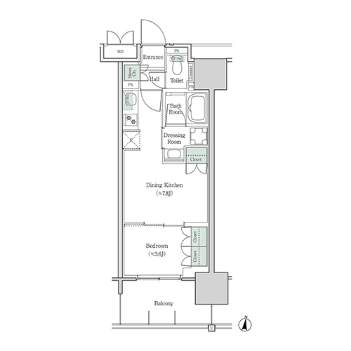 ブルックサイドレジデンス木場(1DK[7B-type]：30.47㎡)の間取り画像