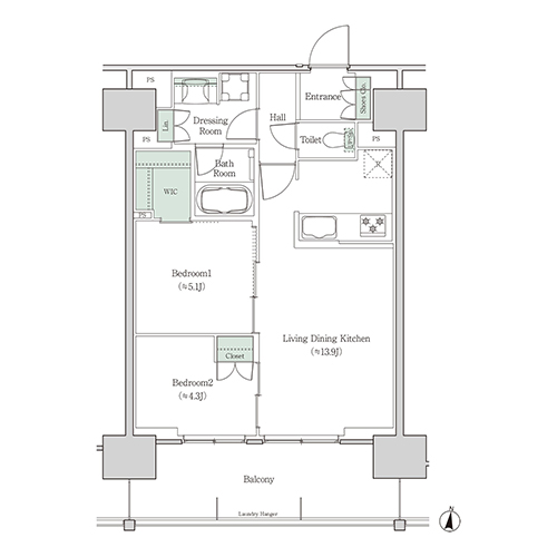 ブルックサイドレジデンス木場(2LDK[6C-type]：56.64㎡)の間取り画像