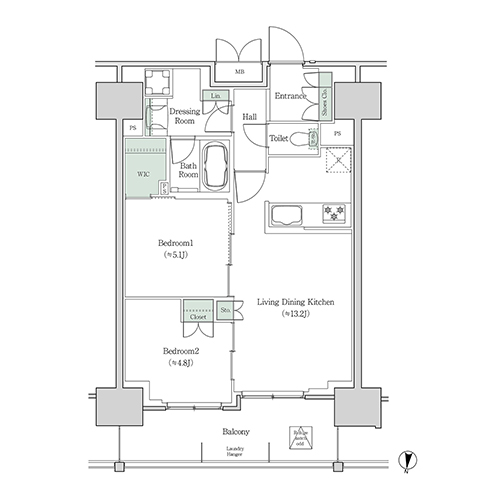 ブルックサイドレジデンス木場(2LDK[18E-type]：57.47㎡)の間取り画像