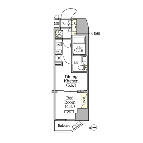 クラリティア浅草橋(1DK[A2タイプ]：25.45㎡)の間取り画像