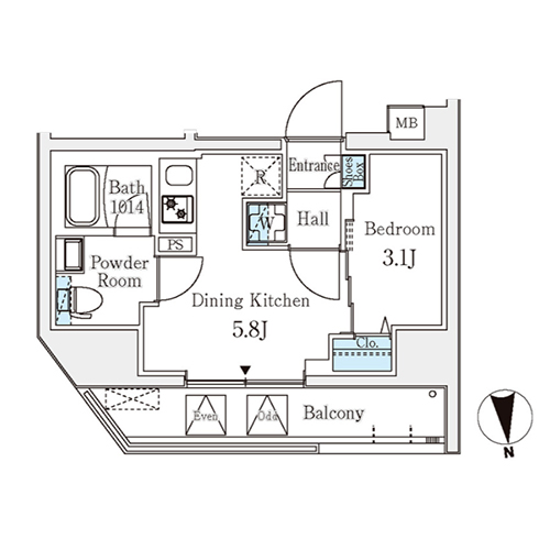 クラリティア文京湯島(1DK[Bタイプ]：25.06㎡)の間取り画像