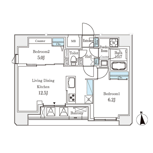 クラリティア文京湯島(2LDK[Cタイプ]：52.75㎡)の間取り画像