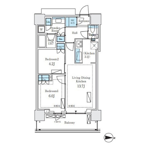 パークシティ中野 ザ タワー エアーズ(2LDK：56.90㎡)の間取り画像