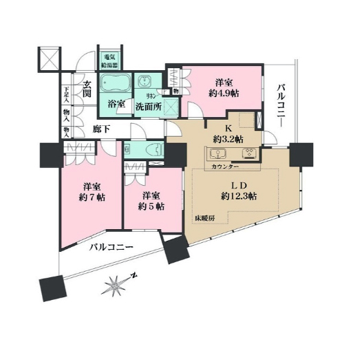 ザ・パークハウス西新宿タワー60(3LDK：72.95㎡)の間取り画像