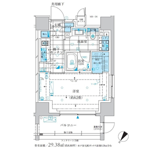 ザ・パークワンズ三軒茶屋(1K：29.38㎡)の間取り画像
