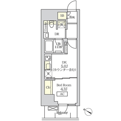 コスモグラシア新宿西早稲田(1DK[Bタイプ]：25.42㎡)の間取り画像