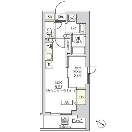 コスモグラシア新宿西早稲田(1LDK[A2タイプ]：30.34㎡)の間取り画像