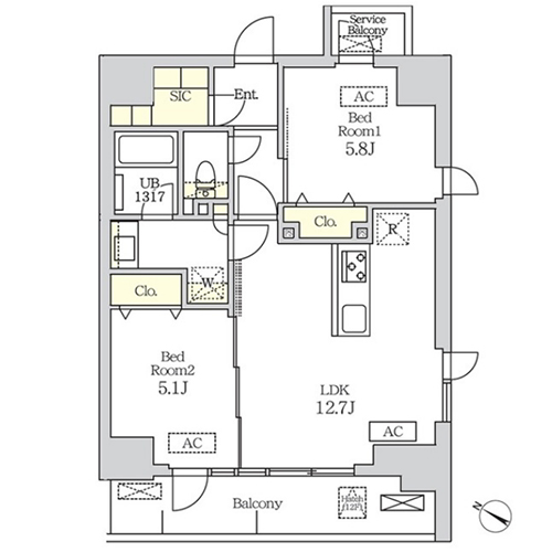 コスモグラシア新宿西早稲田(2LDK[Cタイプ]：55.08㎡)の間取り画像