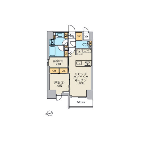 クレストコート北千住レジデンス(2LDK[A-type]：40.35㎡)の間取り画像