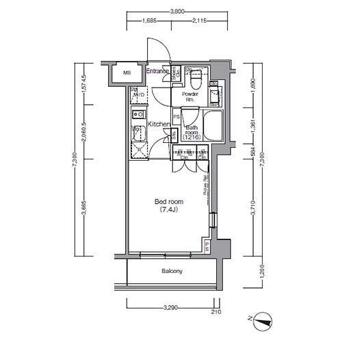 ディームス麻布狸穴町(1K：25.04㎡［Dタイプ］)の間取り画像