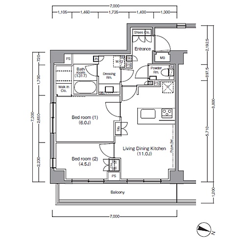 ディームス麻布狸穴町(2LDK：52.43㎡［Eタイプ］)の間取り画像