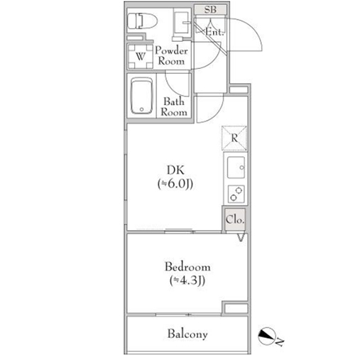 ディームス中野富士見町(1DK[B2-type]：25.58㎡)の間取り画像