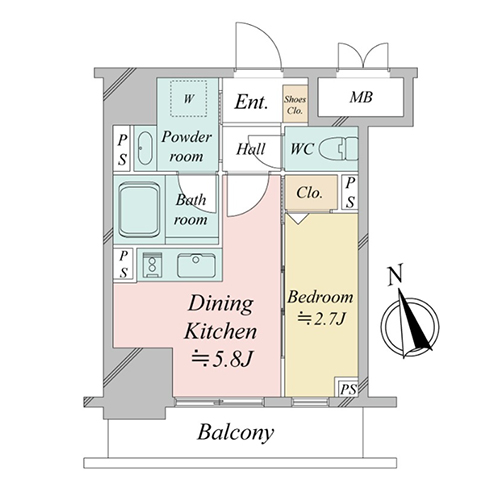 ドゥーエ銀座イーストⅢ(1DK[A'2タイプ]：25.39㎡)の間取り画像