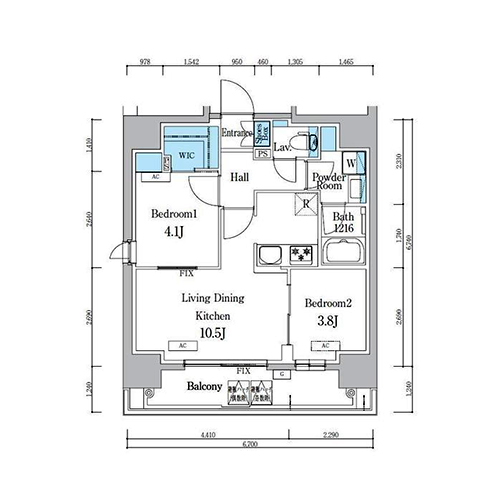 デュオフラッツ浅草蔵前(2LDK[Bタイプ]：45.40㎡)の間取り画像