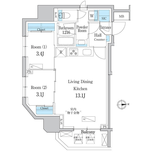 デュオフラッツ浅草田原町ネスト(2LDK+SIC[A-type]：46.64㎡)の間取り画像