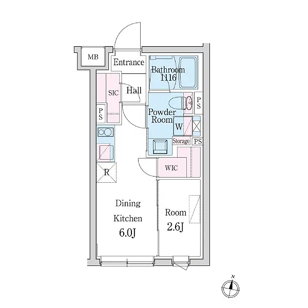 デュオメゾン西新宿(1DK+WIC+SIC[B1-type]：25.44㎡)の間取り画像