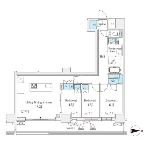 フロンティアレジデンス錦糸公園(3LDK[E-D-type]：75.78㎡)の間取り画像