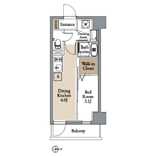グランカーサ住吉Ⅱ(1DK[B1-type]：25.16㎡)の間取り画像