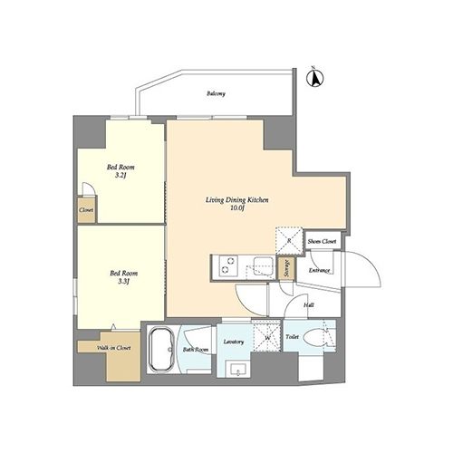 グランカーサ上野松が谷(2LDK+WIC[E1-type]：40.30㎡)の間取り画像