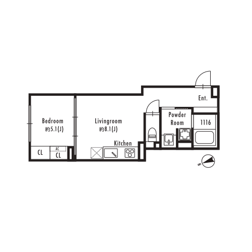 グランパセオ市谷仲之町(A-type：1LDK［34.41㎡］)の間取り画像