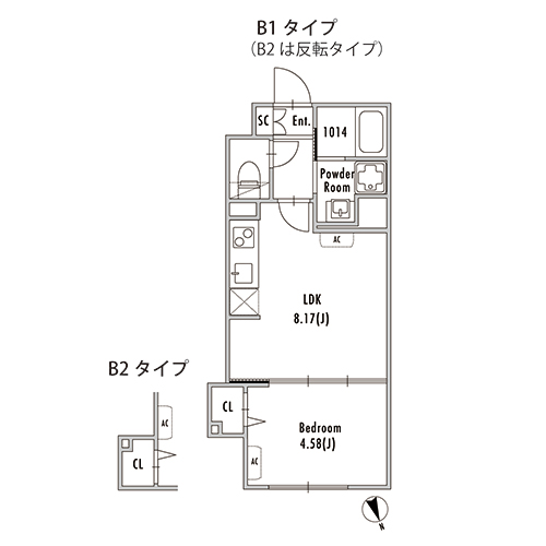 グランパセオ中野新井薬師前(1LDK[B1/B2-type]：30.05㎡)の間取り画像
