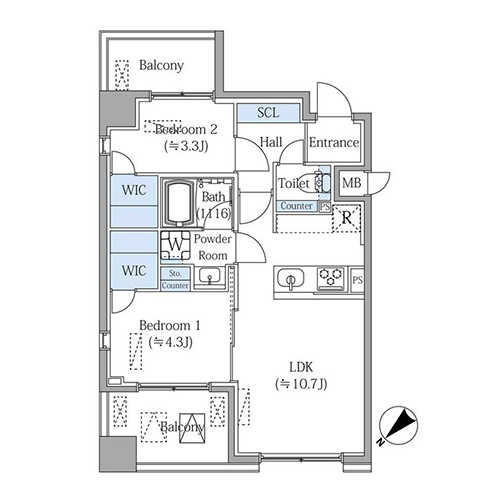 グランジット月島TOKYO BAY(2LDK[B2タイプ]：43.97㎡)の間取り画像