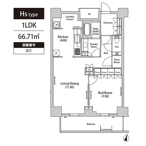 飯田橋ガーデンフラッツ(Hs-type：1LDK)の間取り画像