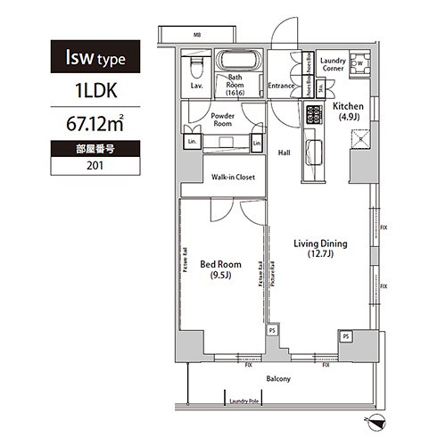 飯田橋ガーデンフラッツ(Isw-type：1LDK)の間取り画像