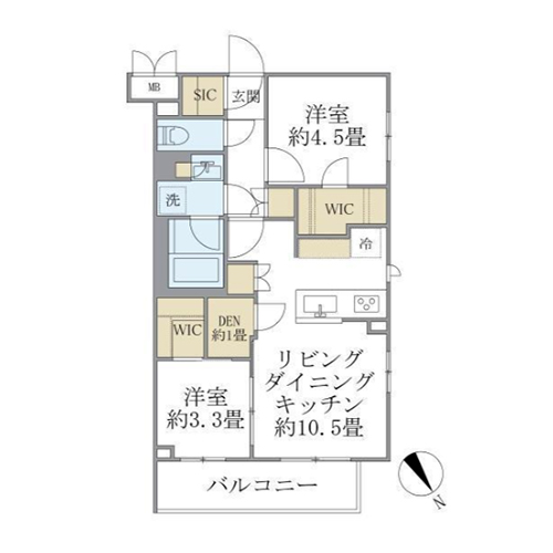 ラ・ペルラ目黒東山Ⅱ(2LDK[A-TYPE]：47.98㎡)の間取り画像