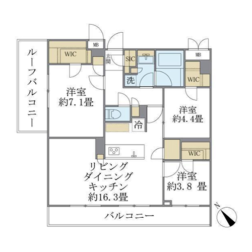 ラ・ペルラ目黒東山Ⅱ(3LDK[H-TYPE]：73.81㎡)の間取り画像
