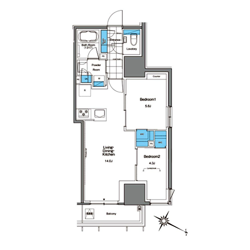 ルフォンプログレ北新宿(2LDK[PK-type]：54.97㎡)の間取り画像